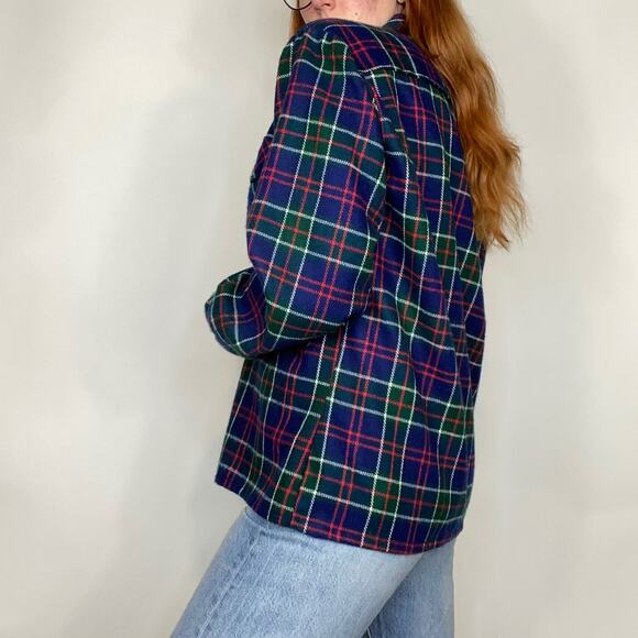 Vintage Woodland Large Navy Heavy Plaid Flannel Shirt Jacket Button Down Shirt - Picture 4 of 14